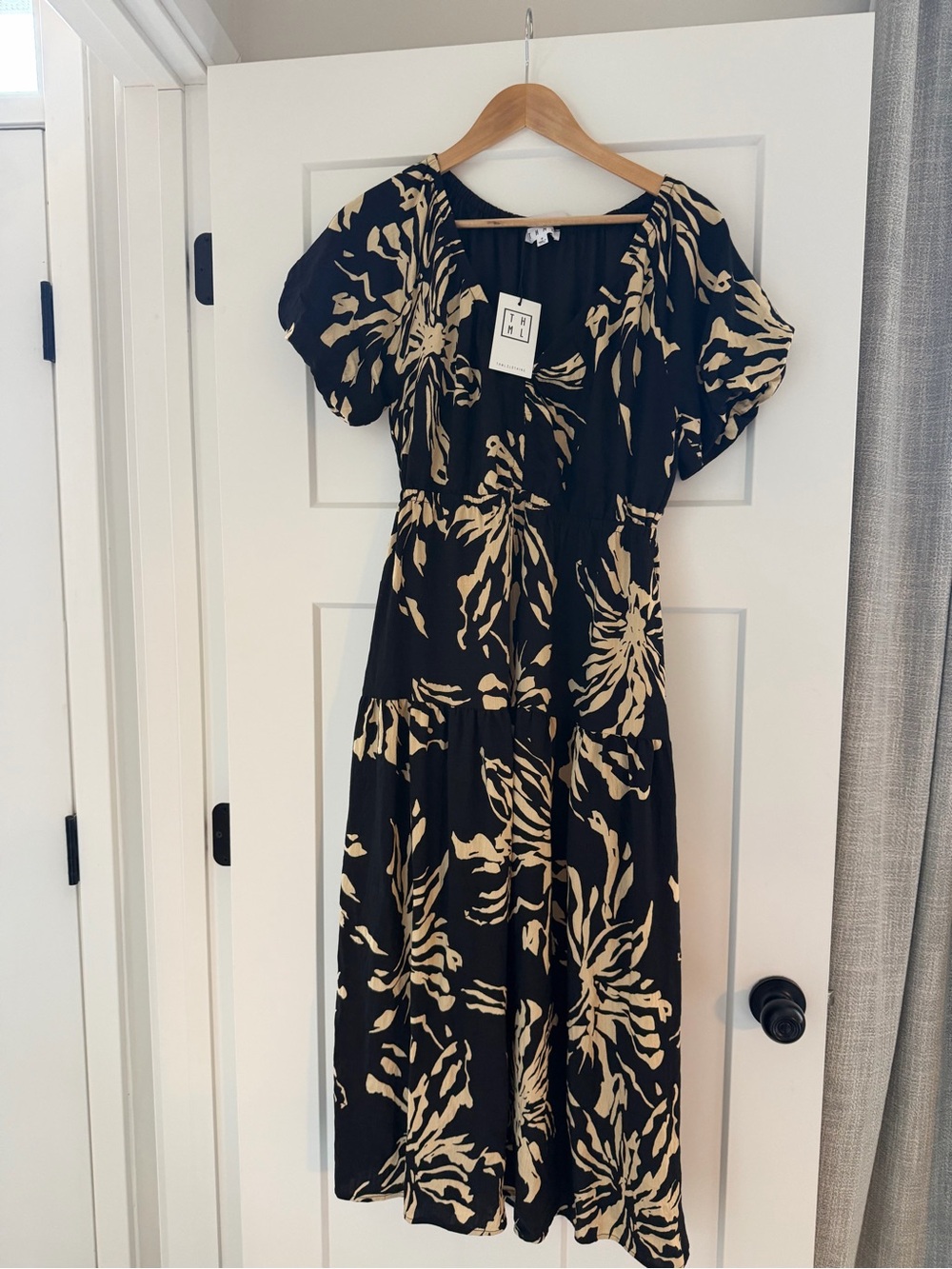 THML Black and Cream Floral Midi Dress